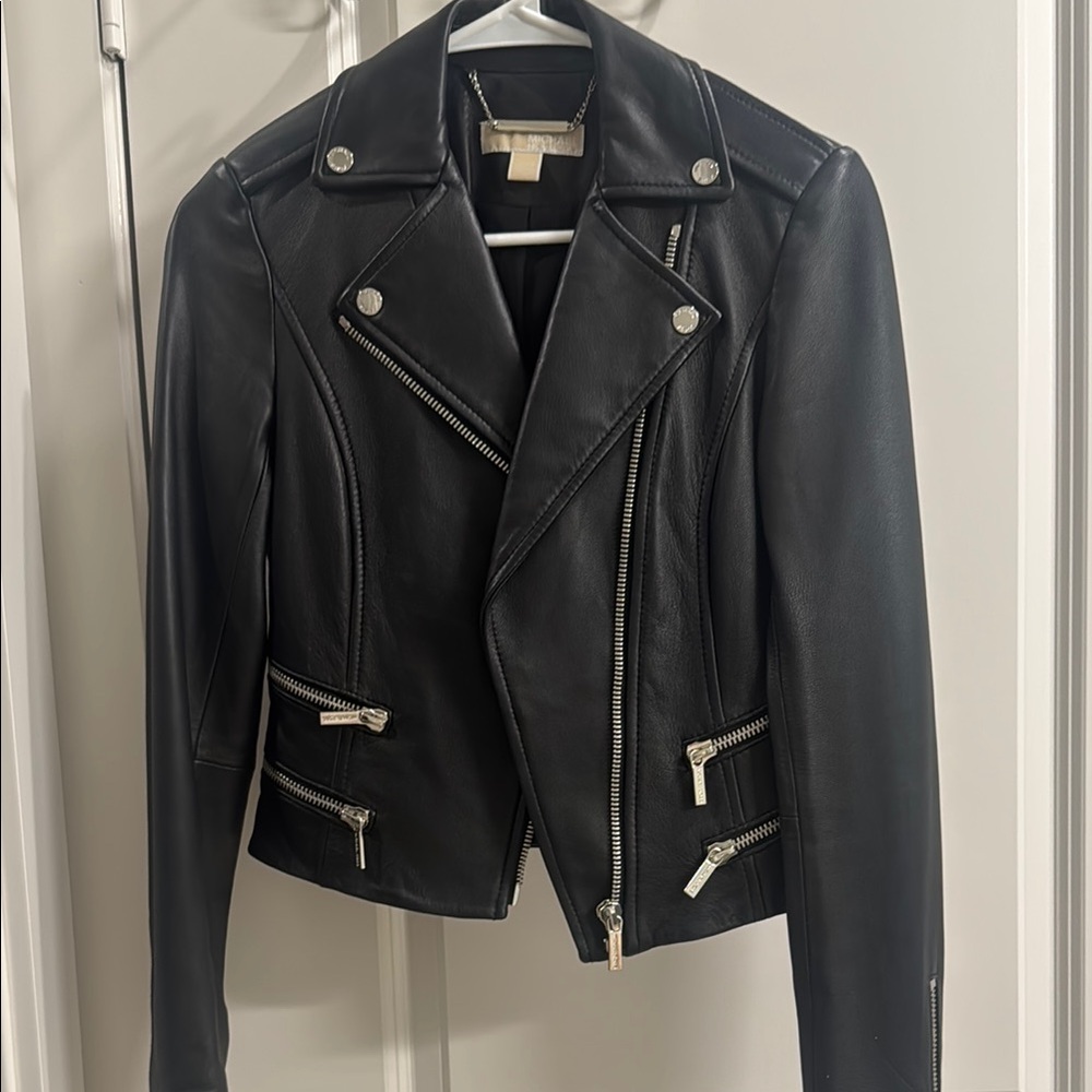Michael Kors Black Leather Moto Jacket with Asymmetrical Zipper